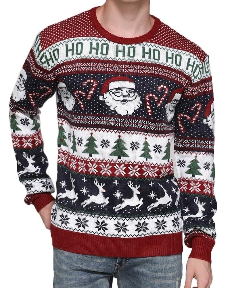 *daisysboutique* Men's Ugly Christmas Sweater Rudolph Reindeer Holiday Festive Knitted Cardigan Cute Pullover Jumper (XXX Large, Santa&Cane Stripe) - Image 1